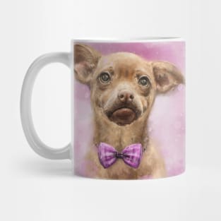 Painting of Cute Brown and Chihuahua With a Bowtie on Pink Background Mug